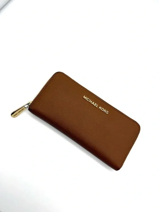 Michael Kors Jet Set Saffiano Zip Around Wallet Brown and Gold - Picture 14 of 14